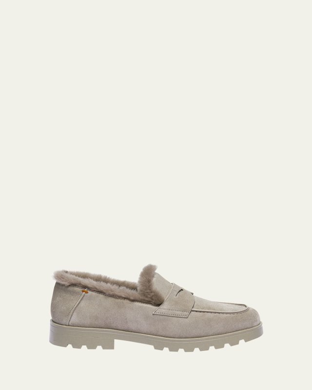 Shearling and Suede Penny Loafers